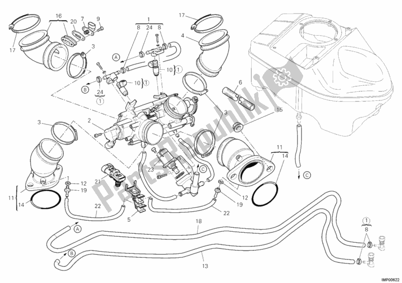 Alle onderdelen voor de Gasklephuis van de Ducati Hypermotard 1100 EVO SP USA 2012